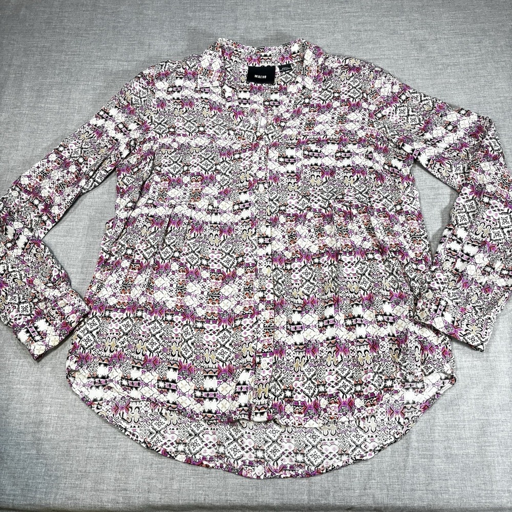 Maeve Anthropologie Pink Islet Geometric Print Top Button Up Roll Tab Sleeves S